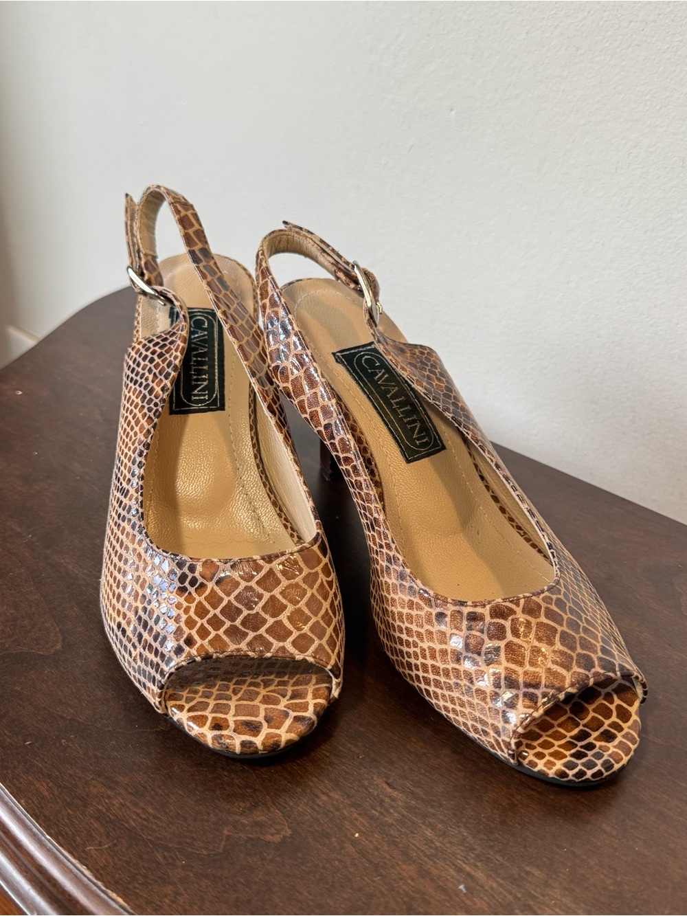 Cavalini Tan & Brown Snake-Print Peep Toe Slingback Heels